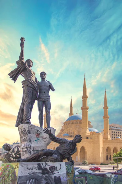 Beautiful View Martyrs Monument Muhammad Amin Mosque Center Beirut Lebanon — Φωτογραφία Αρχείου