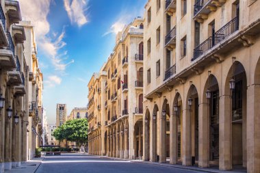 A view of the clock tower in Nejmeh Square in Beirut, Lebanon, some local architecture of downtown Beirut, Lebanon