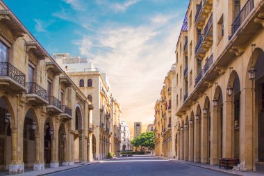 A view of the clock tower in Nejmeh Square in Beirut, Lebanon, some local architecture of downtown Beirut, Lebanon