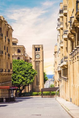 A view of the clock tower in Nejmeh Square in Beirut, Lebanon, some local architecture of downtown Beirut, Lebanon