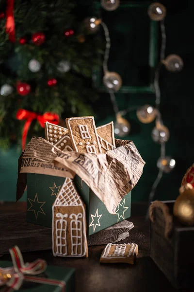 Kerstdoos Met Peperkoeken Huizen — Stockfoto