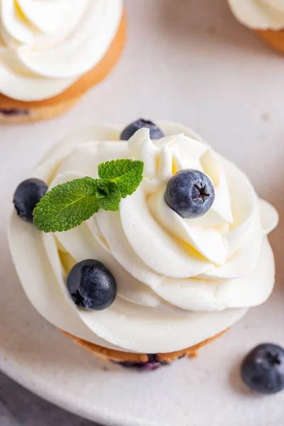 Blueberry Cupcakes Decorated Vanilla Cream — Stock Photo, Image