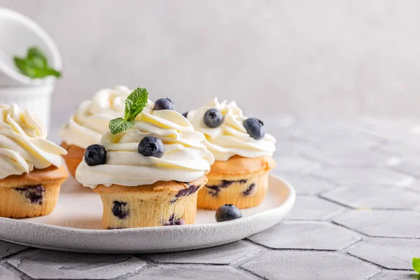 Blueberry Cupcakes Decorated Vanilla Cream — стоковое фото