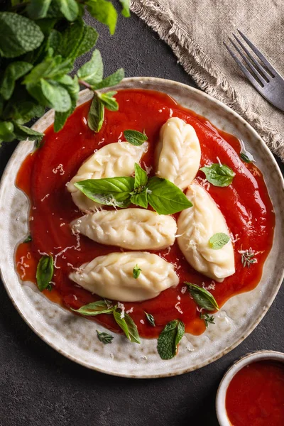 Traditional Italian Food Culurgiones Tomato Sauce Basil — стокове фото