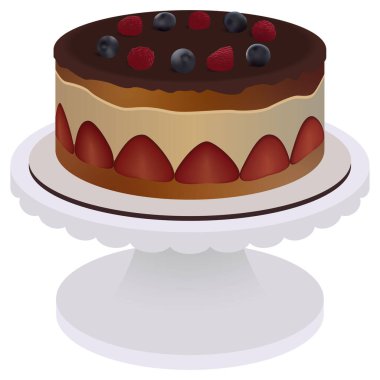 Sponge cream cake with strawberries, raspberries and blueberries on a stand plate