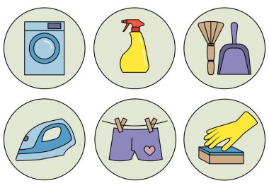 A set of icons about cleaning the house in a linear illustration
