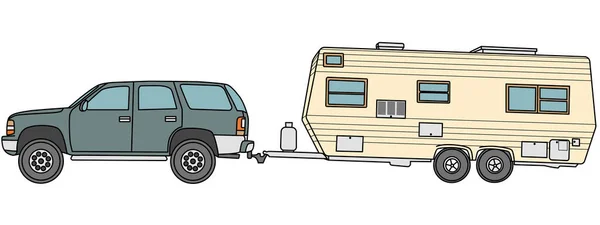 Car Suv Caravan Trailer Vector Motorhome Linear Drawing Style — ストックベクタ