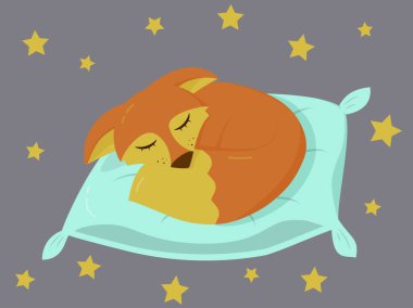 A cartoon fox sleeping on a pillow among the stars in a vector illustration