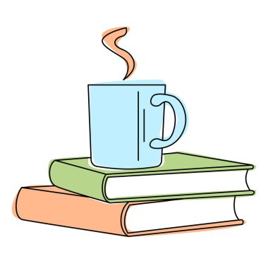 Vektör illüstrasyonunda bir fincan kahve ya da kitap yığını üzerine çay.