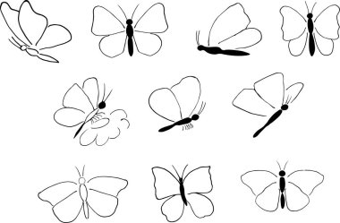 Karalama tarzında kelebekler. El çizimi siyah ve beyaz vektör çizimi