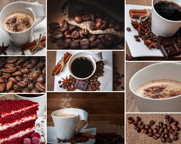 Collage Coffee Photos White Coffee Cup Saucer Photos Show Cinnamon — Stock Photo, Image