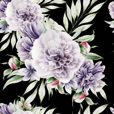 Çiçeklerle kusursuz desen. Şakayık. Suluboya çizimi. El çizimi.