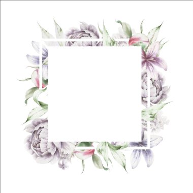  Davetiye ya da düğün için çiçekli çerçeve. Botanik illüstrasyon. Suluboya. El çizimi.