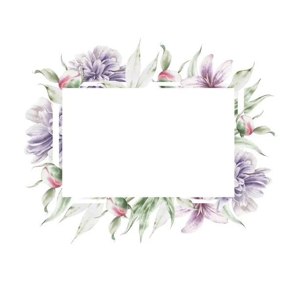 招待状や結婚式のための花のフレーム 植物図 水彩画 手描き ロイヤリティフリーのストック写真