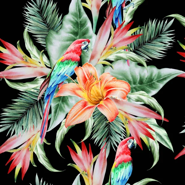 Φωτεινό Τροπικό Μοτίβο Χωρίς Ραφή Παπαγάλους Και Λουλούδια Παλάμη — Φωτογραφία Αρχείου