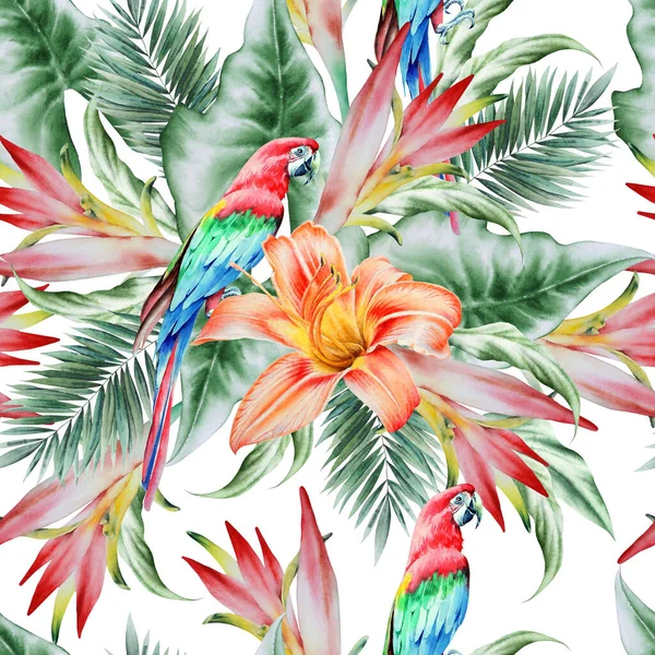 Luminoso Motivo Tropicale Senza Cuciture Con Pappagalli Fiori Palmo — Foto Stock