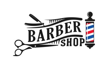 Berber dükkanı logosu klasik stil, kuaför kuaförü moda saç kesimi rozet ikonu basit minimalist modern berber direği traş bıçağı jileti retro sembol vektörü. lüks zarif tasarım