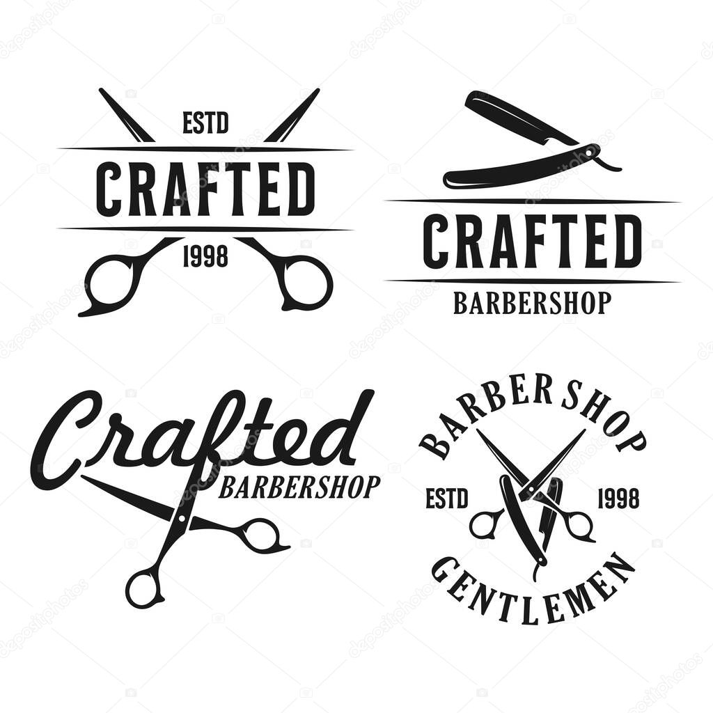 Set barbershop logo vintage classic style, salon fashion haircut pomade badge icon simple minimalist modern, barber pole razor shave scissor razor blade retro symbol vector. luxury elegant design