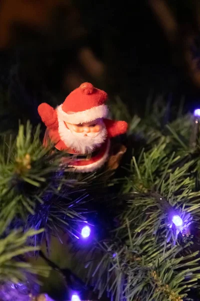 Beautiful Close Blue Lights Santa Claus Christmas Tree — Stock Photo, Image