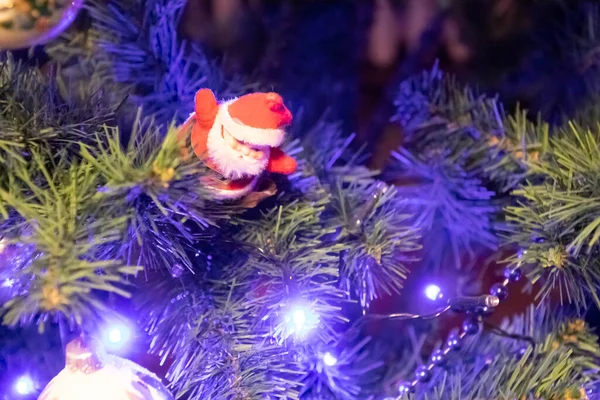 Amazing Close Blue Lights Santa Claus Christmas Tree — Stock Photo, Image