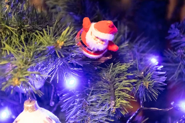 Nice Close Blue Lights Santa Claus Christmas Tree — Stock Photo, Image