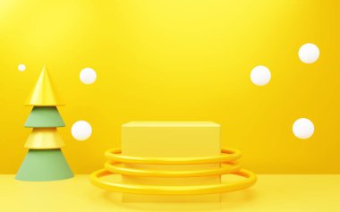 Sarı soyut parlak arkaplanın 3D yansıması. Noel konsepti. Reklam, teknoloji, şov, poster, afiş, kozmetik, moda, çocuk odası. Yeni Yıl İllüstrasyonu. Ürün görüntüsü