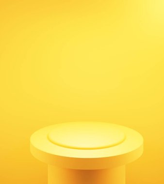 Boş sarı turuncu podyumun 3 boyutlu tasviri minimum arkaplan. Reklam tasarımı, kozmetik reklamları, gösteri, teknoloji, yemek, pankart, krem, moda, lüks. İllüzyon. Ürün görüntüsü