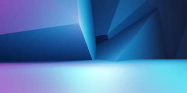 Mor ve mavi soyut geometrik arkaplanın 3D görüntüsü. Siber punk konsepti. Reklam, teknoloji, vitrin, afiş, kozmetik, moda, iş. Bilim-Kurgu İllüstrasyonu. Ürün görüntüsü