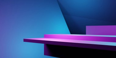 Mor ve mavi soyut geometrik arkaplanın 3D görüntüsü. Reklam, teknoloji, vitrin, afiş, kozmetik, moda, iş dünyası, meta-evren sahnesi. Bilim-Kurgu İllüstrasyonu. Ürün görüntüsü