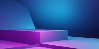 Mor ve mavi soyut geometrik arkaplanın 3D görüntüsü. Reklam, teknoloji, vitrin, afiş, kozmetik, moda, iş dünyası, meta-evren sahnesi. Bilim-Kurgu İllüstrasyonu. Ürün görüntüsü