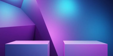 Mor ve mavi soyut geometrik arkaplanın 3D görüntüsü. Reklam, teknoloji, vitrin, afiş, kozmetik, moda, iş dünyası, meta-evren sahnesi. Bilim-Kurgu İllüstrasyonu. Ürün görüntüsü