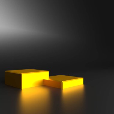 Siyah ve sarı soyut arka plan altın podyumunun 3D görüntüsü. Reklam, kozmetik reklamları, vitrin, VIP, pankart, krem, moda, lüks. İllüzyon. Ürün sergisi. Boşluğu kopyala