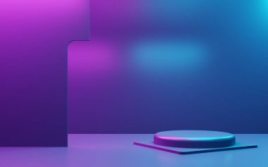 Mor ve mavi soyut geometrik arkaplanın 3D görüntüsü. Reklam, teknoloji, vitrin, afiş, kozmetik, moda, iş dünyası, meta-evren sahnesi. Bilim-Kurgu İllüstrasyonu. Ürün görüntüsü