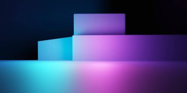 Mor ve mavi soyut geometrik arkaplanın 3D görüntüsü. Siber punk konsepti. Reklam, teknoloji, vitrin, afiş, kozmetik, moda, iş. Bilim-Kurgu İllüstrasyonu. Ürün görüntüsü