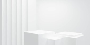 Beyaz soyut geometrik arkaplanın 3D görüntüsü. Reklam, teknoloji, vitrin, afiş, kozmetik, moda, dergi, spor, iş, metaevren sahnesi. Bilim-Kurgu İllüstrasyonu. Ürün görüntüsü