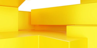 Soyut sarı geometrik arkaplanın 3D görüntüsü. Reklam, teknoloji, vitrin, afiş, kozmetik, moda, spor, iş, metaevren, siber. Bilim-Kurgu İllüstrasyonu. Ürün görüntüsü