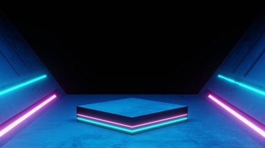 Uzay gemisi koridorunun 3D görüntülemesi neon mavisi parlak mor arka plan fütüristik. Siber punk konsepti. Reklamcılık, sergi salonu, teknoloji, gelecek, modern, spor, metaevren. Bilim Kurgu İllüstrasyonu