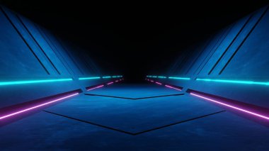Uzay gemisi koridorunun 3D görüntülemesi neon mavisi parlak mor arka plan fütüristik. Siber punk konsepti. Reklamcılık, sergi salonu, teknoloji, gelecek, modern, spor, metaevren. Bilim Kurgu İllüstrasyonu