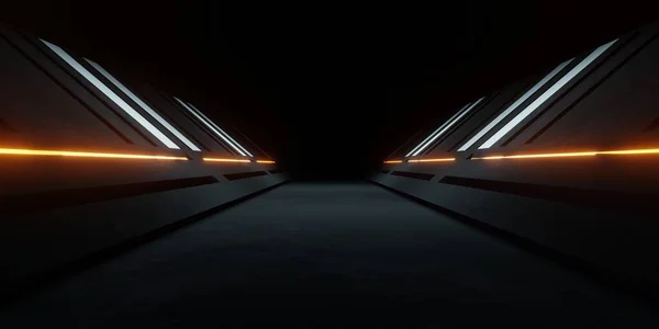 Rendering Spaceship Corridor Neon Glowing Orange Background Futuristic Cyberpunk Concept — Stock Fotó