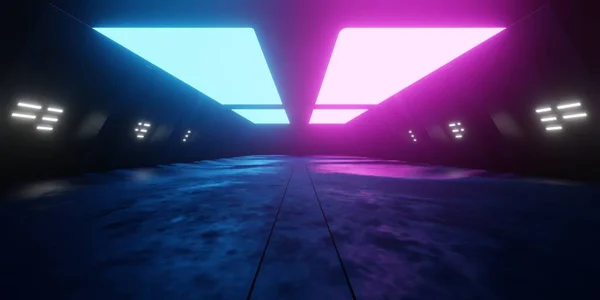 Rendering Spaceship Corridor Neon Glowing Blue Purple Background Futuristic Cyberpunk — Stock Fotó