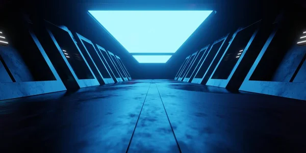 Rendering Spaceship Corridor Neon Glowing Blue Dark Background Futuristic Cyberpunk — Stock Fotó