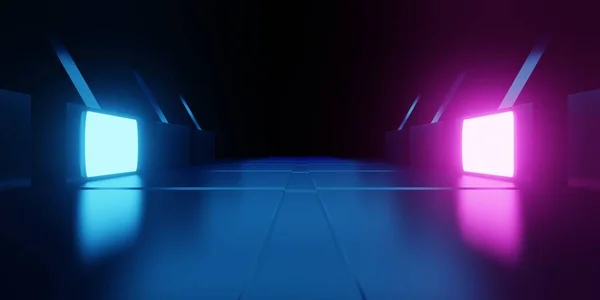 Rendering Spaceship Corridor Neon Glowing Blue Purple Background Futuristic Cyberpunk — Stock Fotó