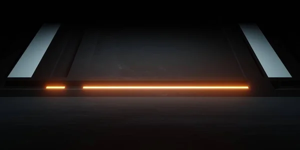 3d rendering of orange neon glowing spaceship corridor black background. Scene for advertising, showroom, technology, future, modern, sport, game, metaverse, warehouse, garage. Sci Fi Illustration