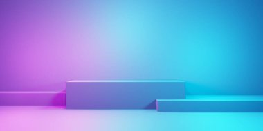 Mor ve mavi soyut geometrik arkaplanın 3D görüntüsü. Reklam, teknoloji, vitrin, afiş, kozmetik, moda, iş, spor, metaevren. Bilim-Kurgu İllüstrasyonu. Ürün görüntüsü