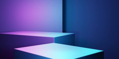 Mor ve mavi soyut geometrik arkaplanın 3D görüntüsü. Reklam, teknoloji, vitrin, afiş, kozmetik, moda, iş, spor, metaevren. Bilim-Kurgu İllüstrasyonu. Ürün görüntüsü