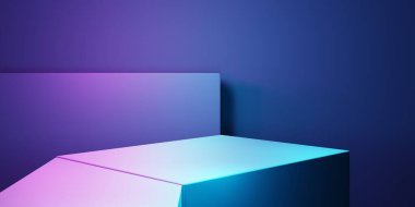 Mor ve mavi soyut geometrik arkaplanın 3D görüntüsü. Reklam, teknoloji, vitrin, afiş, kozmetik, moda, iş, spor, metaevren. Bilim-Kurgu İllüstrasyonu. Ürün görüntüsü