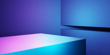 3d rendering of purple and blue abstract geometric background. Scene for advertising, technology, showcase, banner, cosmetic, fashion, business, sport, metaverse. Sci-Fi Illustration. Product display