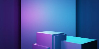 Mor ve mavi soyut geometrik arkaplanın 3D görüntüsü. Reklam, teknoloji, vitrin, afiş, kozmetik, moda, iş dünyası, meta-evren sahnesi. Bilim-Kurgu İllüstrasyonu. Ürün görüntüsü