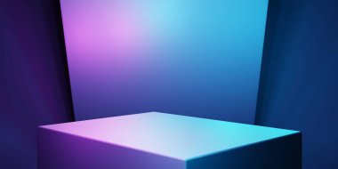 Mor ve mavi soyut geometrik arkaplanın 3D görüntüsü. Reklam, teknoloji, vitrin, afiş, kozmetik, moda, iş dünyası, meta-evren sahnesi. Bilim-Kurgu İllüstrasyonu. Ürün görüntüsü