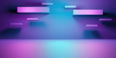 Mor ve mavi soyut geometrik arkaplanın 3D görüntüsü. Reklam, teknoloji, vitrin, afiş, kozmetik, moda, iş dünyası, meta-evren sahnesi. Bilim-Kurgu İllüstrasyonu. Ürün görüntüsü